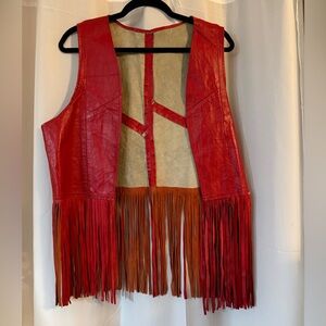 Vintage Red Leather Fringe Vest Festival Western Boho